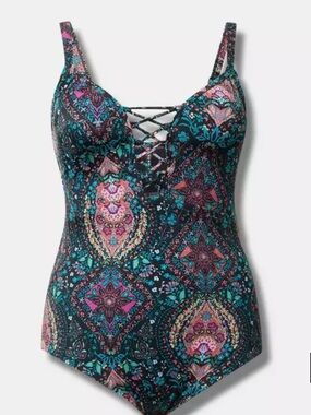 Torrid Wireless Plunge One-Piece Swimsuit with Lace-Up Front Size 2